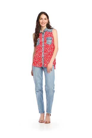 PT-16141 - FLORAL DENIM TRIM TOP WITH POCKETS - Colors: AS SHOWN - Available Sizes:XS-XXL - Catalog Page:49 